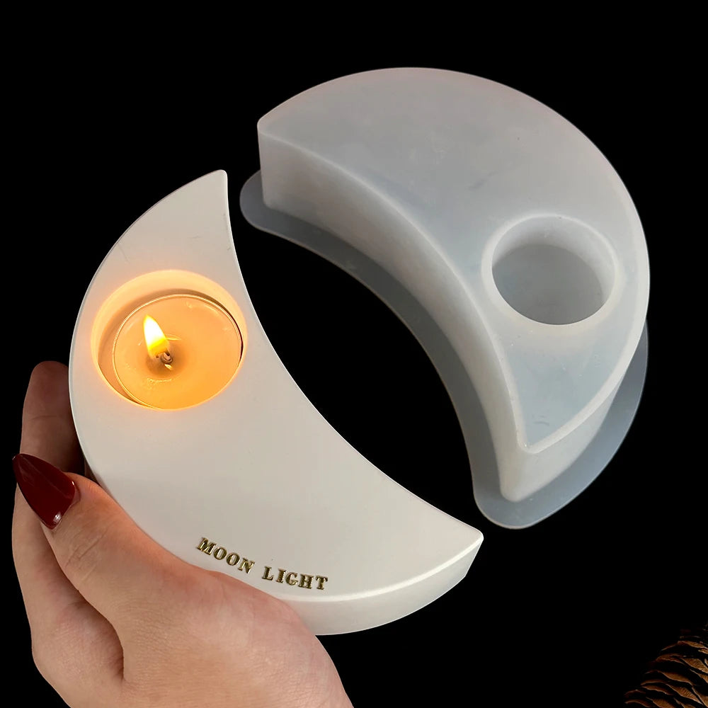 Silicone Heart-Moon Shape Plaster Cement DIY Handmade Resin Craft Milky White Candleholder Molds