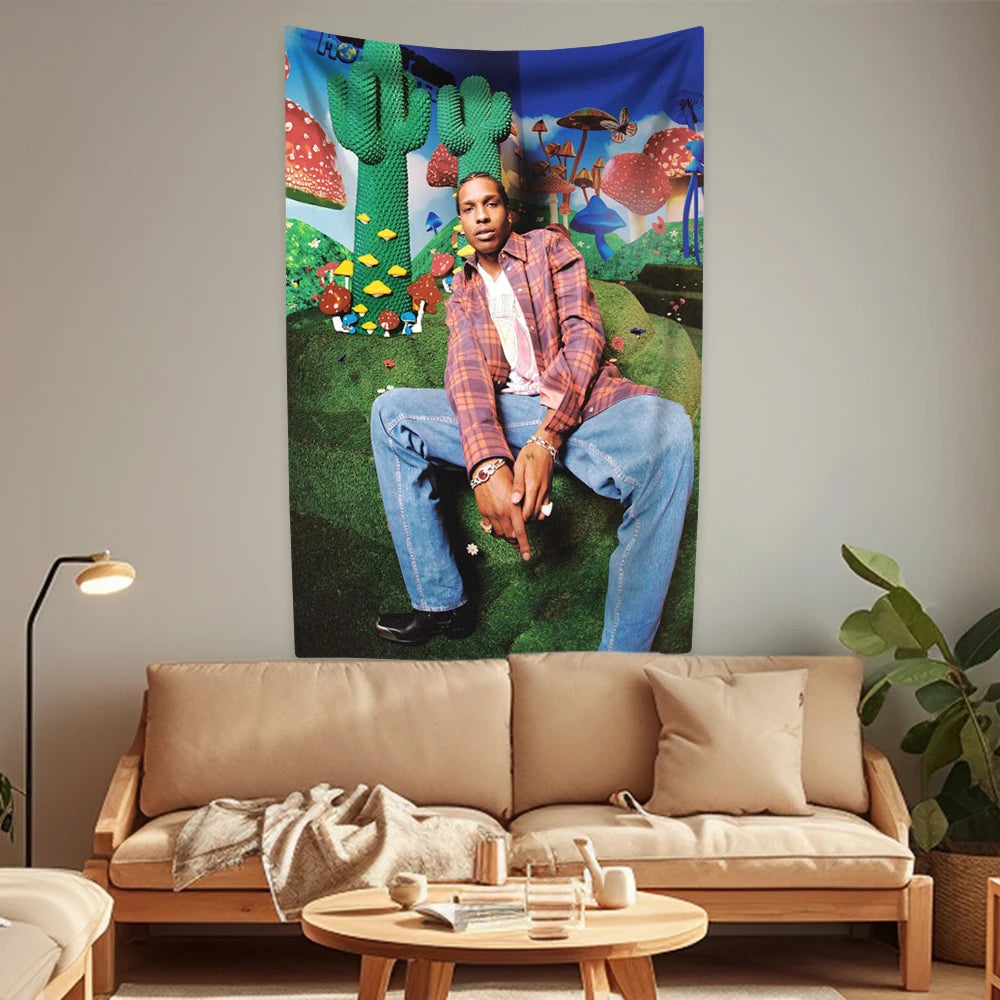 Polyester Printed Asap Rocky Aesthetic Music Album Rapper Flag Wall Hanging Tapestries/ Colors- Black/Multicolor/White/Blue/Green