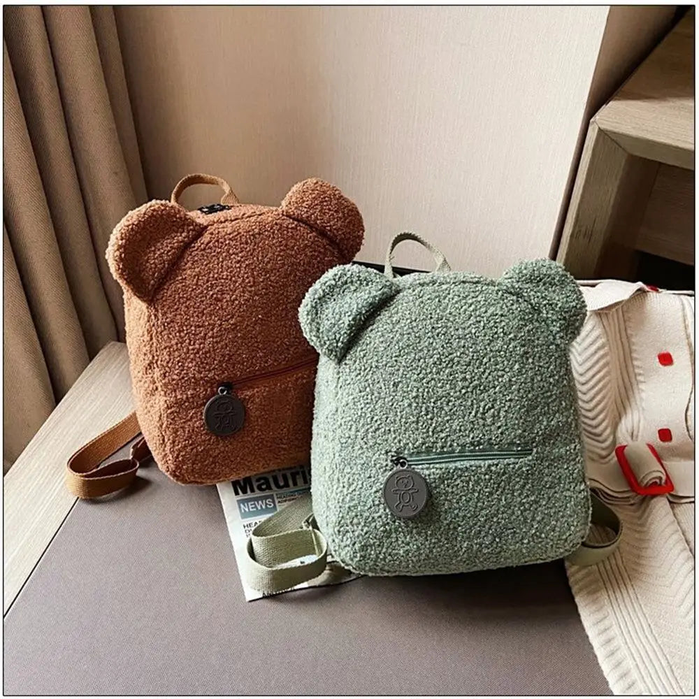 Women/Teen Girls Mini Lamb Fleece Cartoon Cute Bear Winter Backpacks/ Polyester/Backpack Straps/Adjustable Shoulder Straps/Small Handle/Colors-Khaki/Brown/Green/Black/Blue