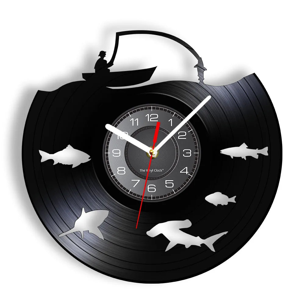 Retro Handmade Plastic Vinyl Record Gone Fishing Silhouette Of Fisherman Catching A Fish With Rod-N-Reel Wall Clocks/Battery Not Included/ 1 AA Battery Size/With-Without LED Light/Colors-Black/Geometric