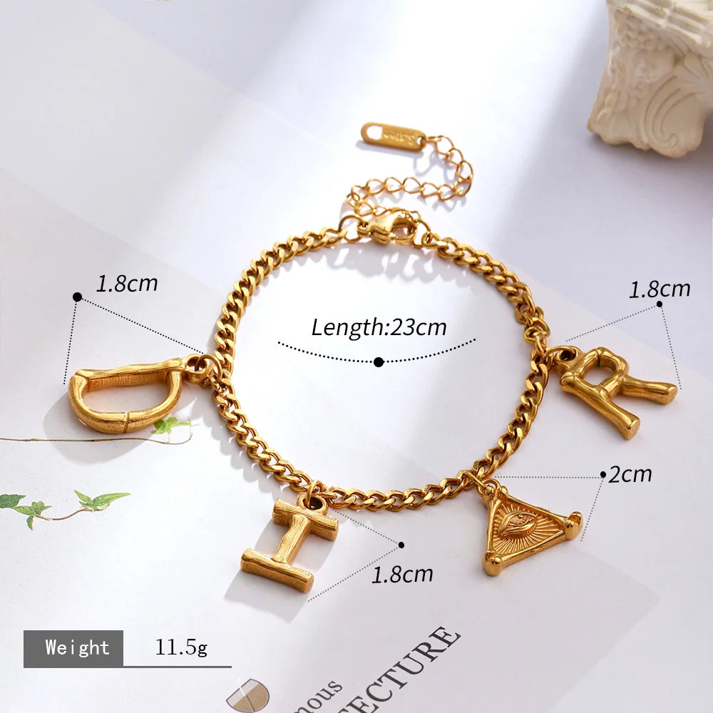Women Imitation Gold Geometric Stainless Steel Link Chain Letter Charm Lobster-Claw-Clasps Bracelets