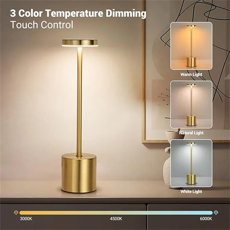 Modern Metal Slim Round Tubular Neck Black-Gold-Sliver Touch Control Battery Powered Three-Color Levels Dimming Desk Lamps/ USB Rechargeable /USB Charging Cord-Included