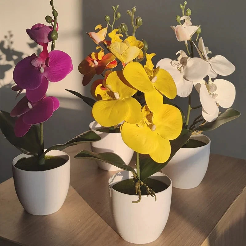 Indoor Desktop Floral Flowering Artificial Bonsai Butterfly Orchid Potted Plants /Colors-White/Yellow/Purple
