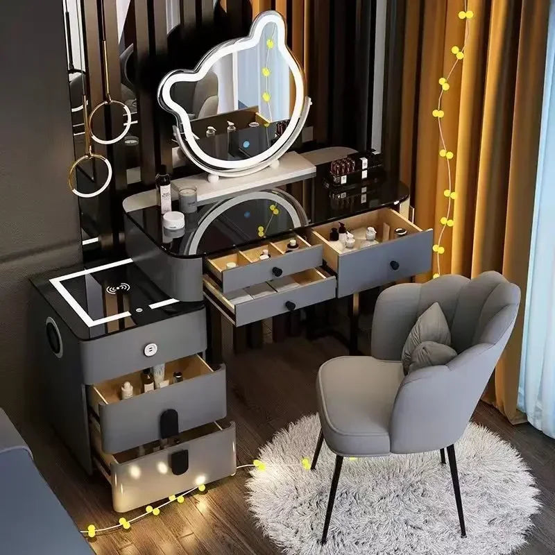 Modern Style White Adjustable LED Smart Touch-Controlled Lighted Round Mirror Black Tempered Glass Countertop Solid Pine Wood Draws Make-Up Vanities /2 USB Wireless Ports /Bluetooth Speakers/Colors-Black/Gray/White