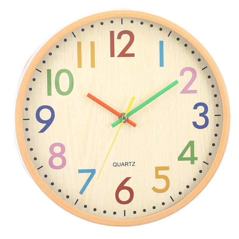 12 Inch Quartz Round Wood Silent Movement Wall Clocks w/Colorful Hands/ Colorful Numbers/Size: 29.5cm H x 4.2cm W/Plastic Materials Inside/ Runs Off 1.5V AA Battery / Battery Not Included