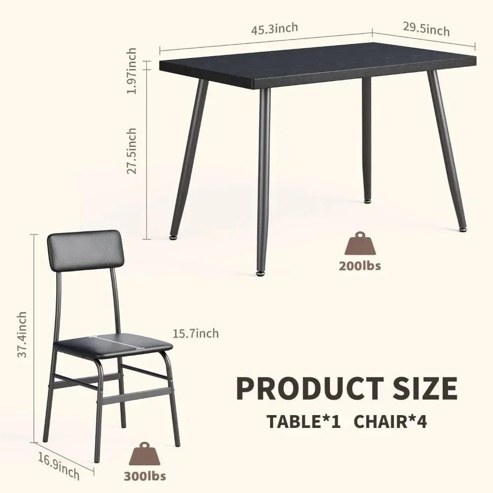 Kitchen Metal Framed Small Dining Table Set w/4 PU Leather Cushion Chairs/Anti-Slip Foot Pads/Colors-Black/Gray/Brown/Dimensions L x W x H: 44.88 x 29.52 x 29.52 inches