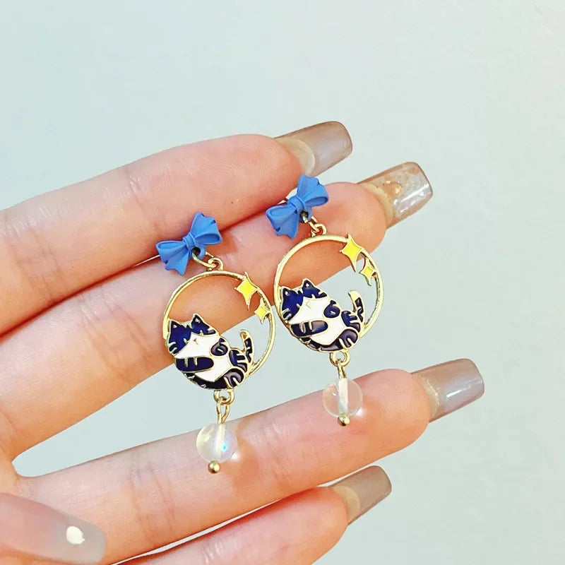 Women-Teen Girls Metal Long Tassel Asymmetrical Enamel Needle Cute Cartoon Cats Coffee-Teacup Dangle Drop Fine Imitation Earrings/Colors-Green/Multicolor/Geometric/Animals