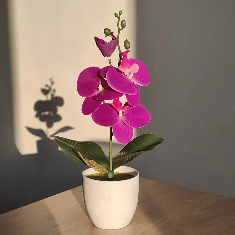 Indoor Desktop Floral Flowering Artificial Bonsai Butterfly Orchid Potted Plants /Colors-White/Yellow/Purple