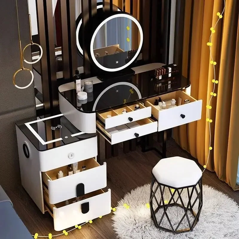 Modern Style White Adjustable LED Smart Touch-Controlled Lighted Round Mirror Black Tempered Glass Countertop Solid Pine Wood Draws Make-Up Vanities /2 USB Wireless Ports /Bluetooth Speakers/Colors-Black/Gray/White