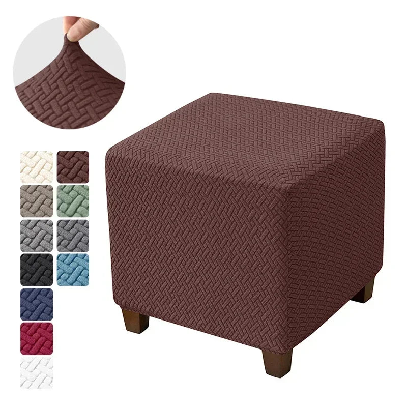 Solid Color Velvet-Spandex Jacquard Square Ottoman Elastic Stretch Footrest Slipcovers/Colors-Gray/White/Beige/Black/Blue/Green