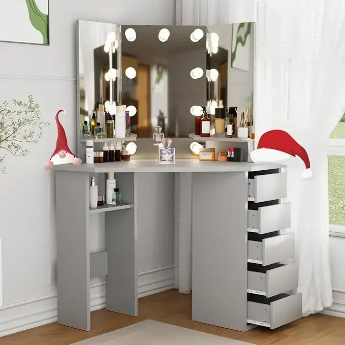 Modern Corner Wood Lighted Mirrored Women Make-Up Vanity Desk /Drawers/Colors-White/Brown/Gray