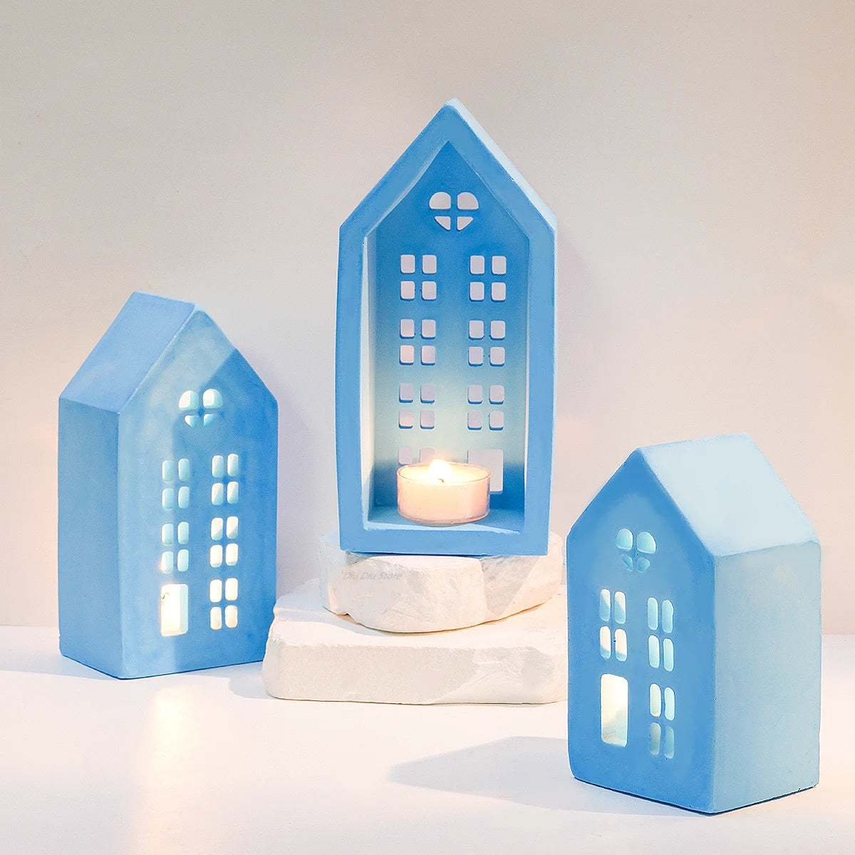 Silicone DIY Handmade Plaster Concrete 3PCS House Shape Candleholder Craft Milky White Molds
