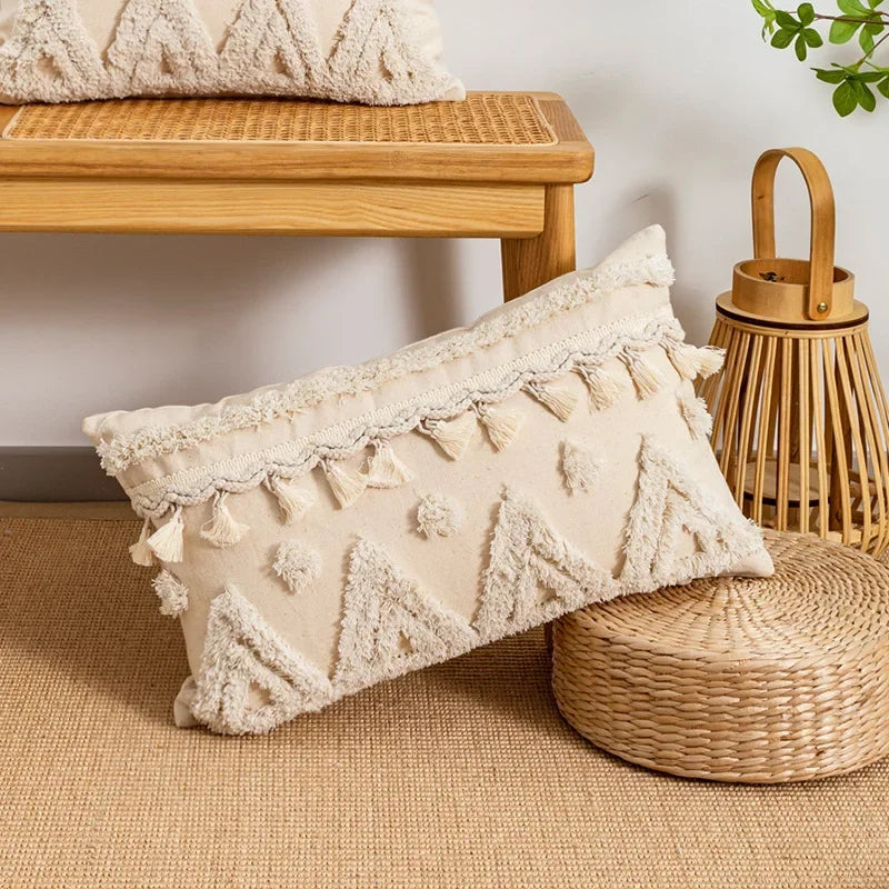 Tufted Beige Embroidered Linen /Polyester Tasseled Throw Pillows /Sizes -45 x 45cm /30 x 50cm