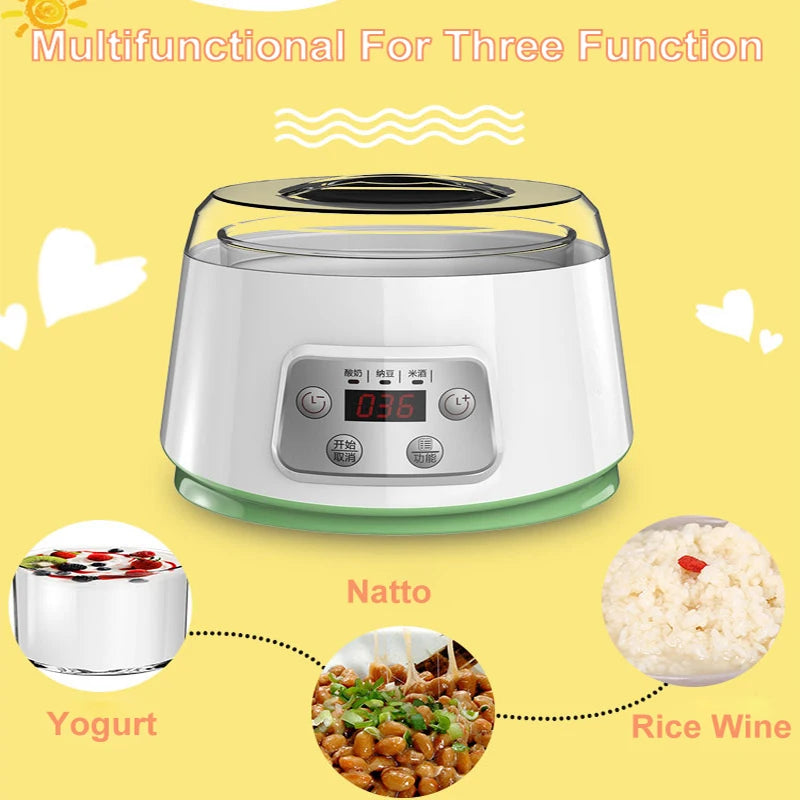 Borosilicate Glass Low-High Non-Adjustable Temperature PTC Heating Element Automatic Power-Off Yogurt Maker Machines/ 3-1 Functions: Yogurt-Natto-Rice Wine/Colors-Clear/White/Power: 20 Watts-220 Voltage