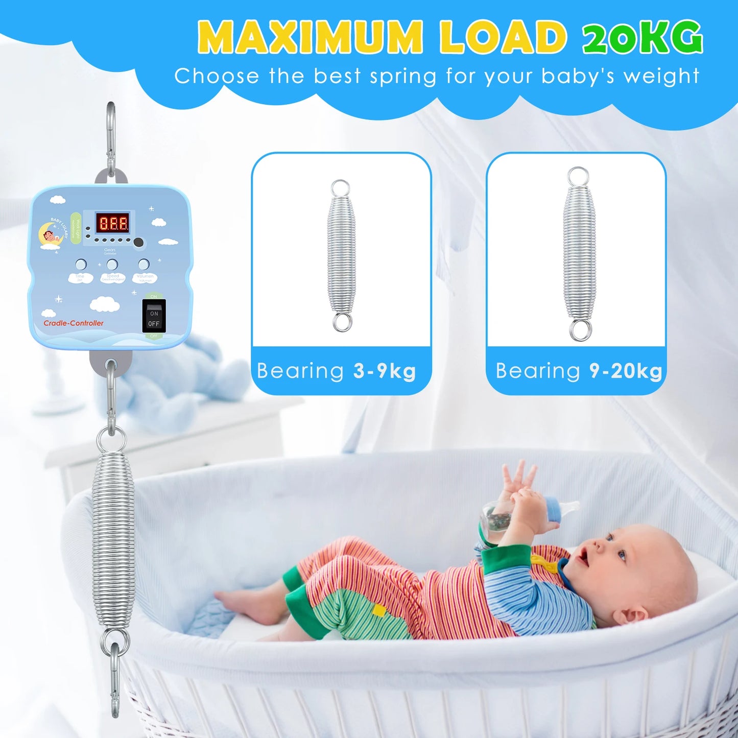 Blue Plastic Digital Display 9-Level Speed Hands-Free Rocking Electric Baby Swing Cradle Controllers/1-Spare Rope /2-Adjustable Springs /3-Metal Buckles/ Baby Lullaby Music/Time/Hook-Up/Remote Control/Power Cable/On-Off Switch