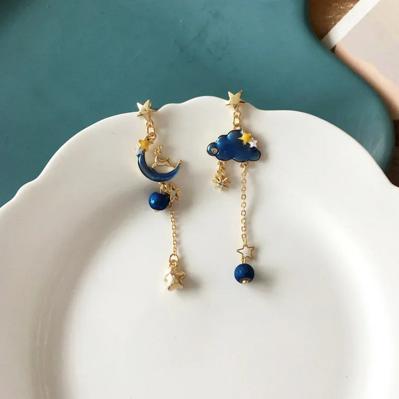 Women-Teen Girls Metal Long Tassel Asymmetrical Enamel Needle Cute Cartoon Cats Coffee-Teacup Dangle Drop Fine Imitation Earrings/Colors-Green/Multicolor/Geometric/Animals
