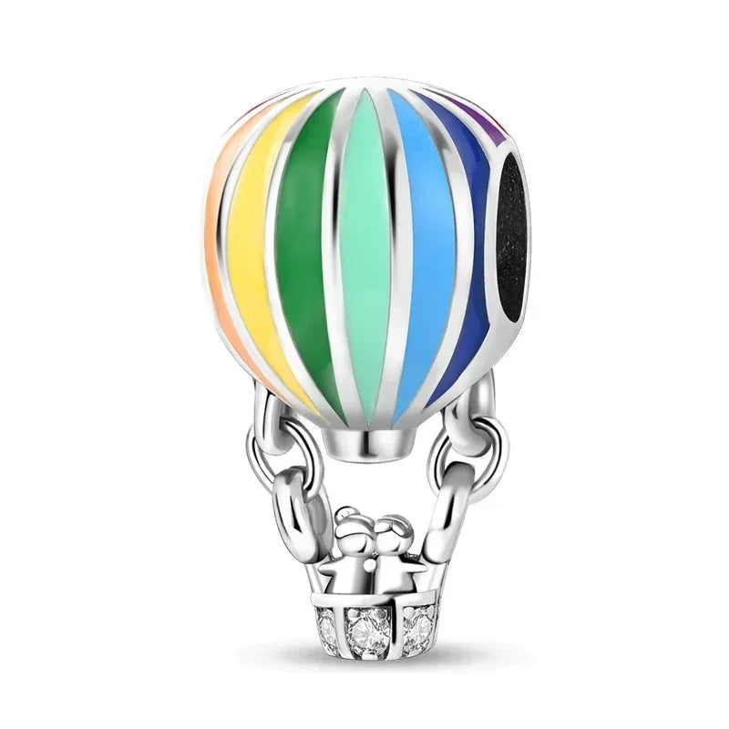 No-EN-Name-Null Women Sterling Silver Enamel Rainbow-Hot Air Balloon Design Fine Imitation Zircon Stone Glass Nuggets Beads Shaped Charms-Pendants/ Colors-Rainbow/Multicolor/Silver/Pink/Animal/Floral