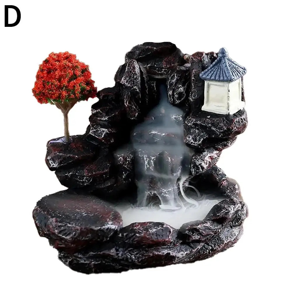 Ceramic Resin Small Village Scene Trees Rocky Mountain Terrain Brown Mill Wheel Realistic Flowing Water Backflow Incense Burner Holders/Colors-Black/Gray/Brown/Green