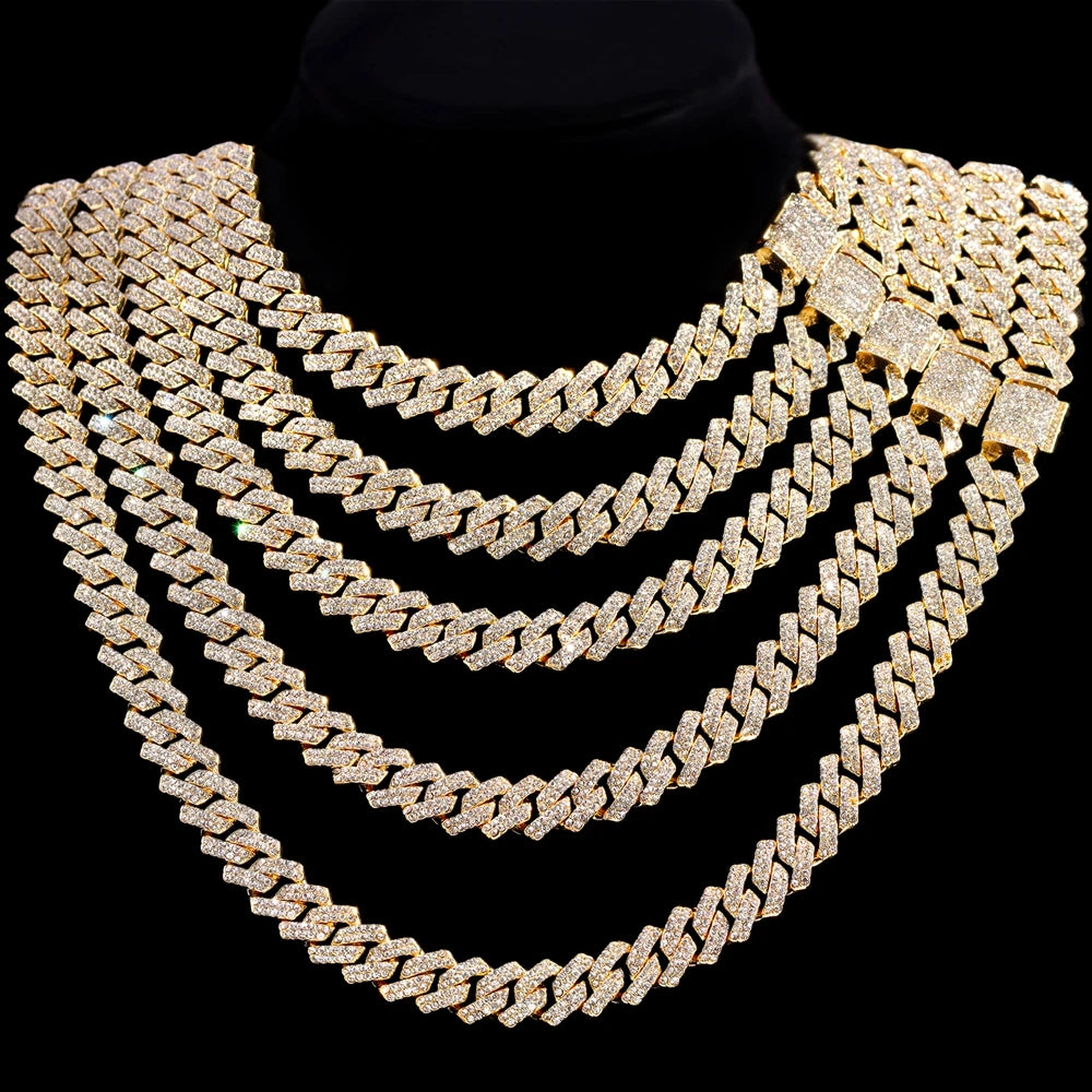 Women-Teen Girls Gold-Silver Metal Iced Prong Chunky Cuban Chain Link Geometric Shape Shiny White Rhinestones Imitation Punk Necklaces