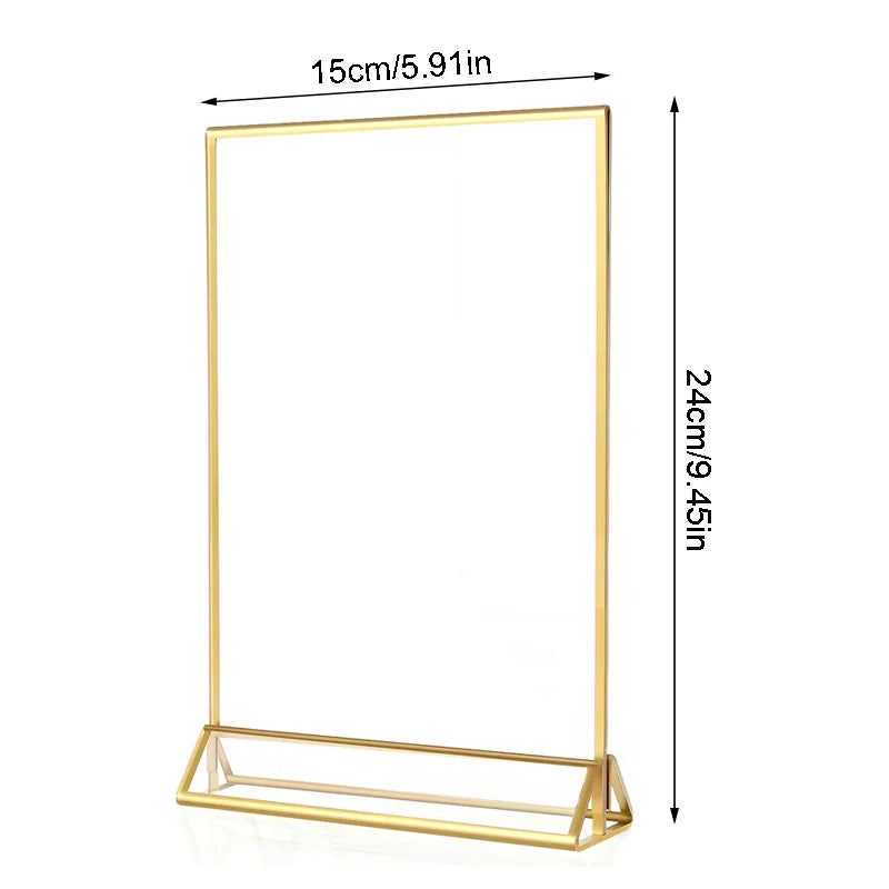 Indoor Gold Edge Color Rectangle Rounded Corner Transparent Clear Acrylic Tabletop Flyer Holder Display Stand Triangle Frame Base/2 Sizes: 4 x 6 Inches-5 x 7 Inches