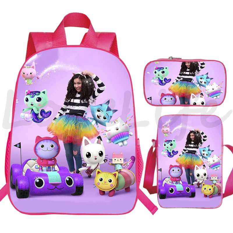 JUNBIE Kids Waterproof Pink Nylon Fabric Cute Cartoon Gabby's Dollhouse Design Zippers Curve Back Shoulder Straps-Handle Built-In Laptop Compartment External Pockets Backpacks/Colors-Pink/Multicolor