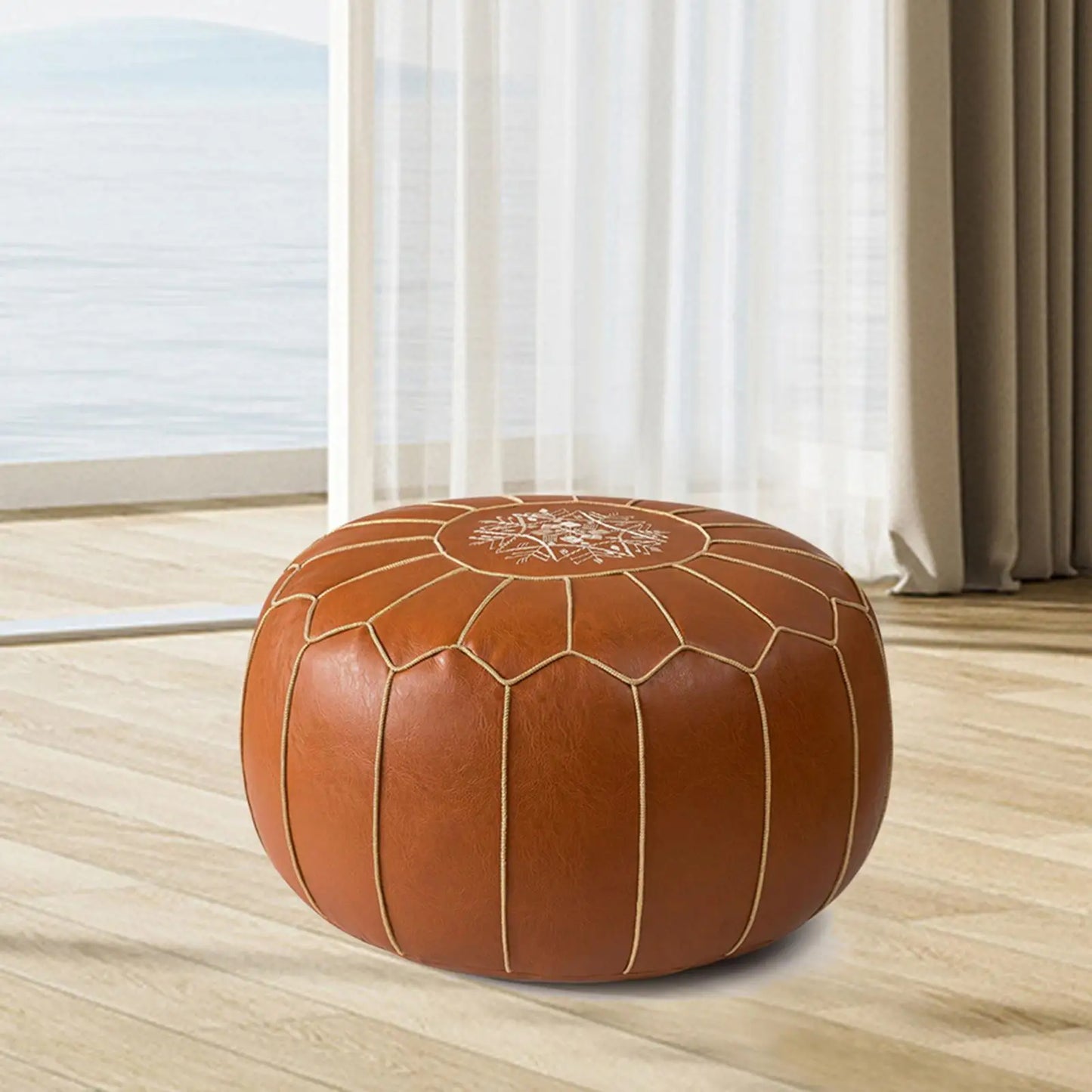SERENABLE Modern Geometric Pattern Removable Brown Faux Leather Round Unstuffed Pouf Unfilled Ottoman COVERS /Size 50 x 25cm/19.69 x 9.84inch