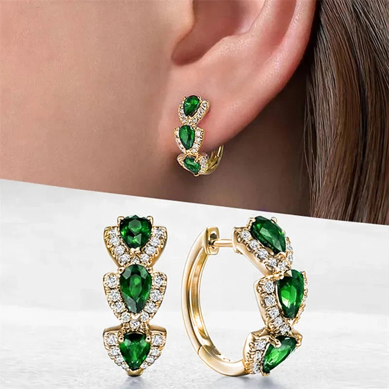 Huitan Women Elegant Geometric Brass Cubic Zirconia Copper Round Hoop Earrings /Colors-Blue/Green