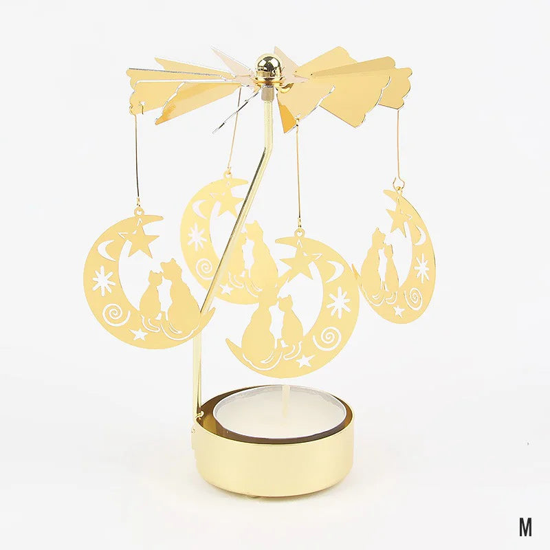 Gold Stainless Steel Metal Rotating Carousel Deer-Snowflake Small Tealight Candleholders