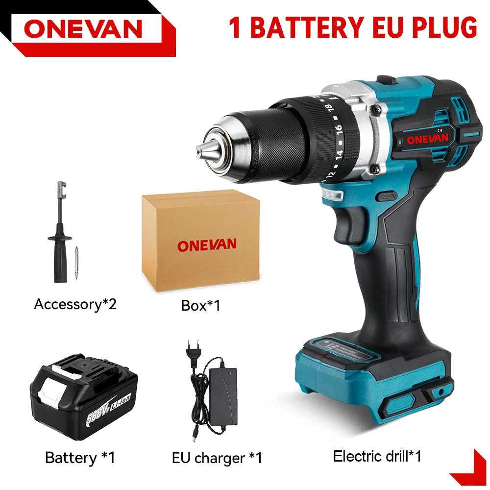 ONEVAN Multicolor Body Metal Keyless Drill Chuck Rechargeable Battery-Powered Cordless Brushless Adjustable Speed-Torque Built-In Lighting Electric Impact Drills Sets/Colors-Black/Blue/Silver/Green/Gray/Multicolor