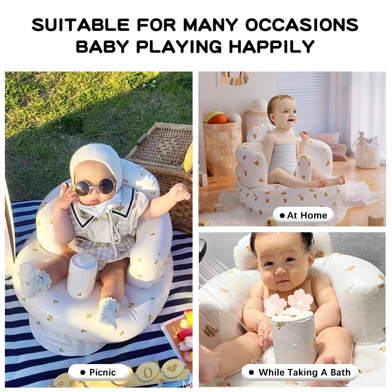 Babies PVC Cartoon Olive Flower-Bear Head Animal Print Soft Front Gear Surround Large Arc Backrest Breathable Sunk Base Built-In Air Pump Inflatable Chairs/Ages: 6 Months-3 Years Old/Colors-Floral/Animal/Dots/Multicolor