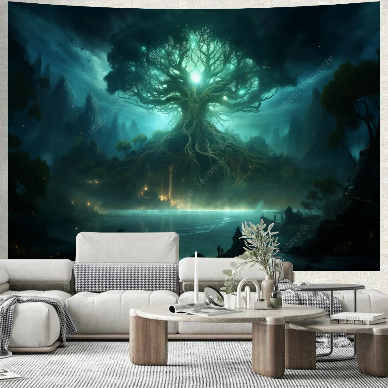 Colorful Green Forest Red Mushrooms Water Flowing Printed Polyester Woven Garden Of Eden Nature Tree Of Life Wall Hanging Tapestries