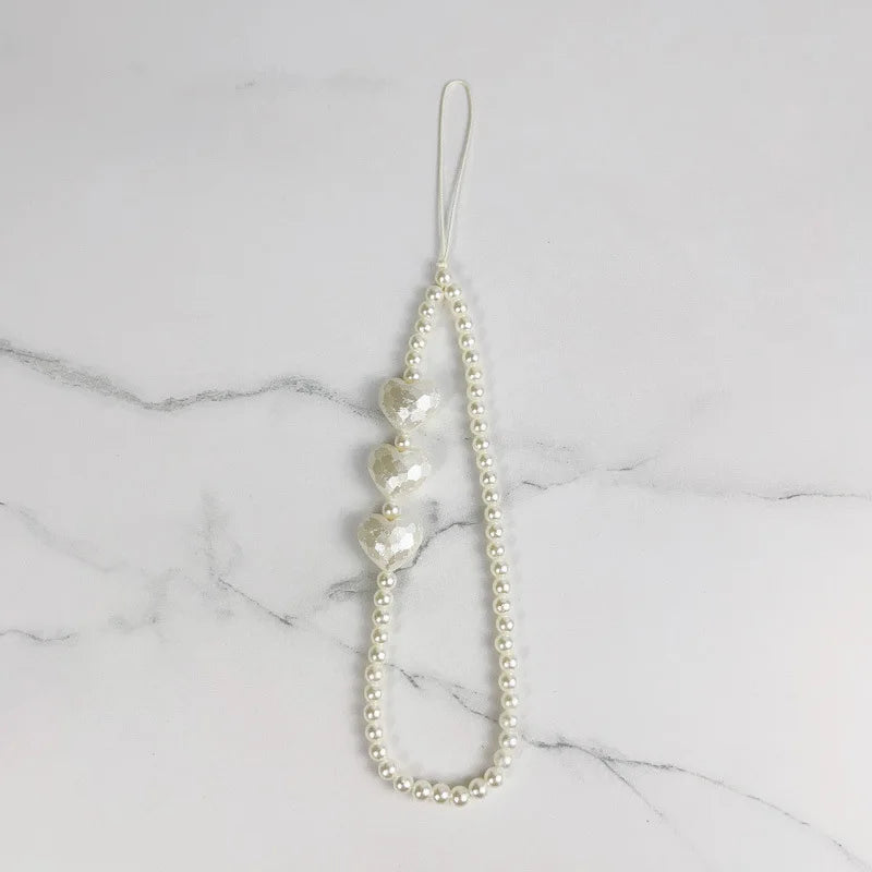 Women Korean Cute Beaded Faux Pearl Charm Strong Nylon Rope Hanging Wrist Strap Phone Accessories/Colors-Black/White/Clear