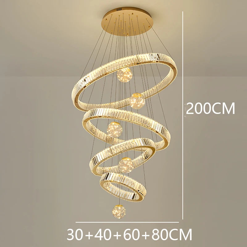 Modern Stainless Steel LED Warm Cool Twisted Ring Cord Pendant Hanging Crystal Chandelier Ceiling Lights/Dimming Remote Control/Touch On-Off/Colors-Gold/Silver