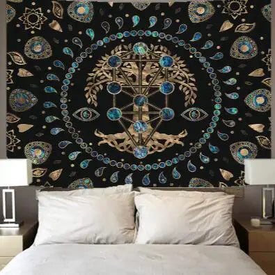 Black Background Polyester Nature Mysterious Garden Of Eden Green Tree of Life Forest-Sun-Beige Moon Spiritual Wall Hanging Tapestries/Colors-Green/Black/Beige