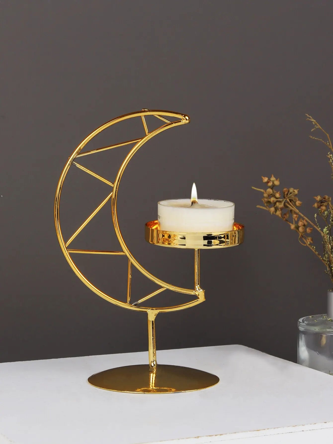 Gold Iron Colored Hanging Half-Moon Shaped Standing Small Tealight Candle Stand Holders