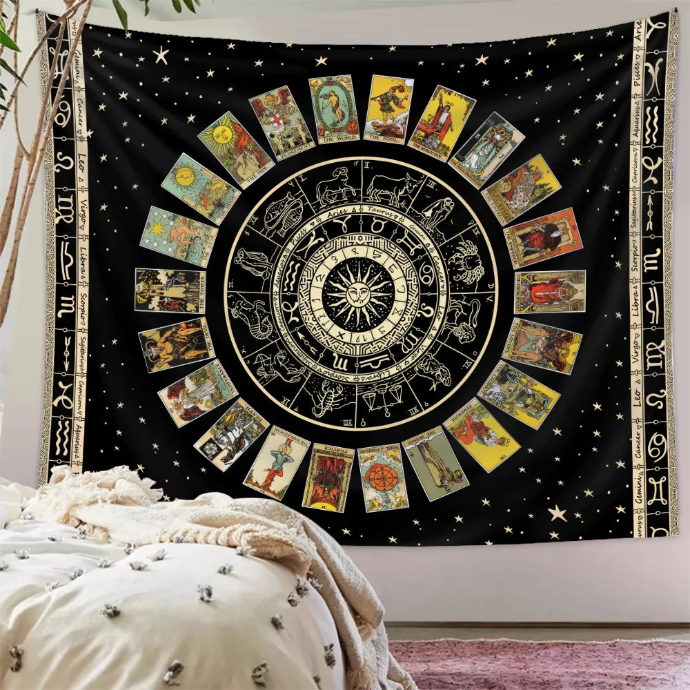 Decorative Polyester-Cotton Black Background-White Printed Nature Tree of Life Design Wall Tapestries/Colors-Black/Orange/Navy Blue/White/Yellow/Multicolor