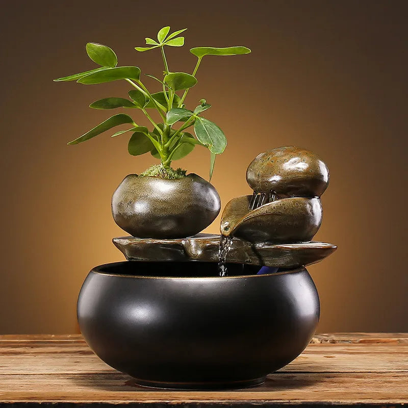 Desktop Glazed Ceramic Clay-Enamel Plant Rocky Landscape PET Flowing Drinking Water Bowl Fountain/Colors-Brown/Black