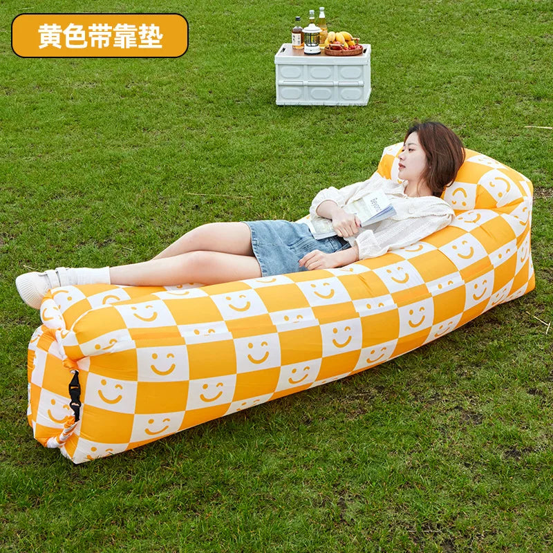 Outdoor Waterproof Inflatable Banana Shaped Oxford Cloth Polyester Fabric Lazy Pillow Air Sofa /Size: 200 x 240x 70cm/Weight Limit 400 kg (881 lbs)/Colors-Blue/Black/Brown/Beige/Gray/Geometric/Green/Multicolor