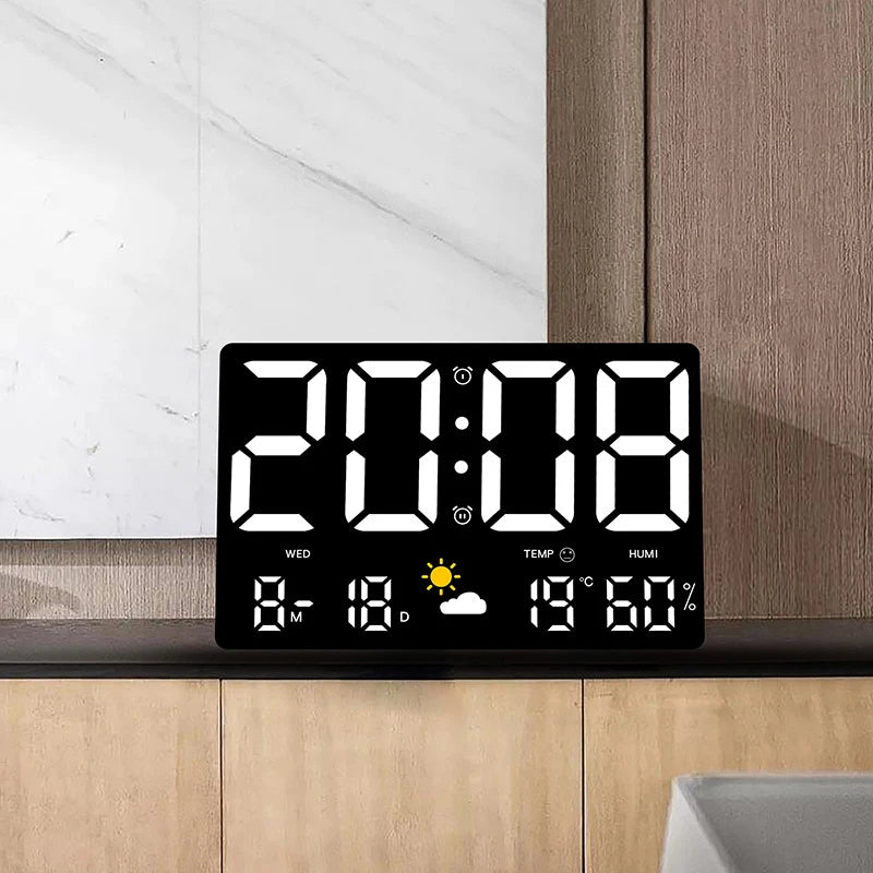 Black LED Plastic Rectangle Digital High-Definition Large-Screen Temperature-Humidity-Time Display Multi-Function Color Wall Alarm Clock