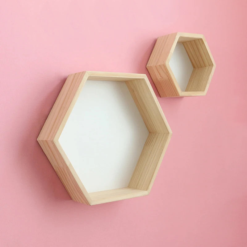 2 PCS Set Kids Wood Wall Mounted Hexagon Shaped Floating Shelves/Colors-Beige/Yellow/Pink/Green