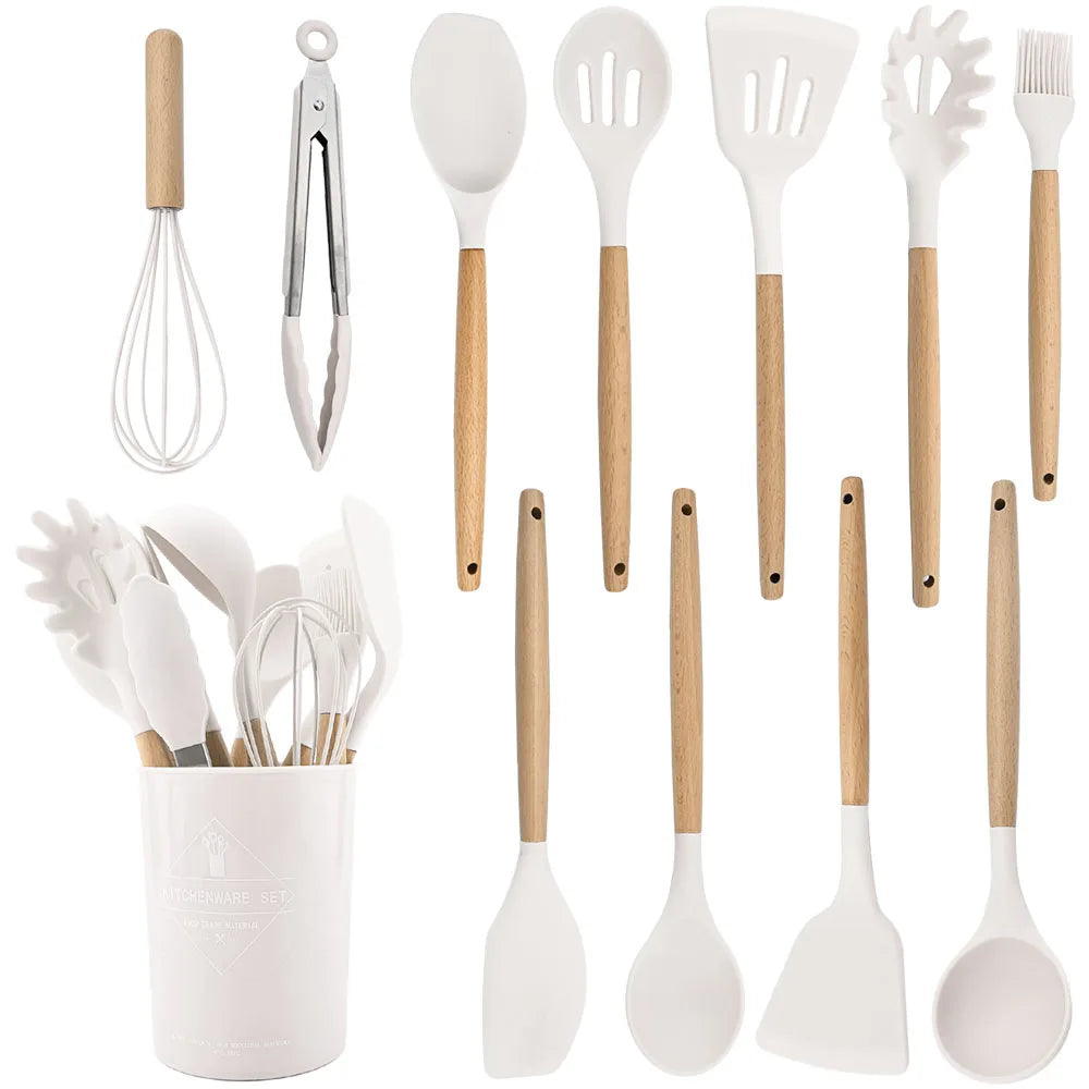 12 PCS Non-Slip Heat Resistant Silicone-Wood Handle Kitchen Utensils Cooking Sets/Colors-Blue/Green/White/Black/Storage Box Included