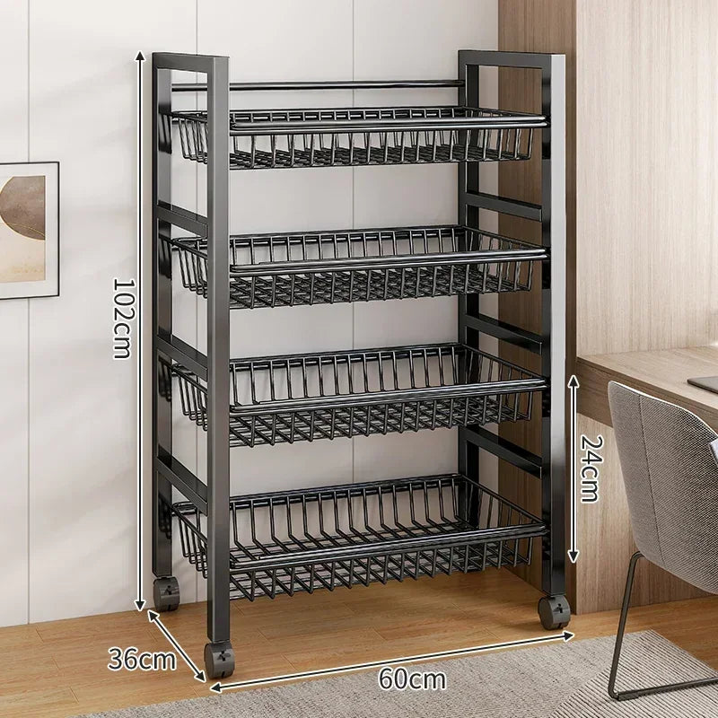 Kitchen Black-Brown Color Adjustable Height Pine Wood-Metal Storage Rack Movable Carts/360° Rotating Wheels