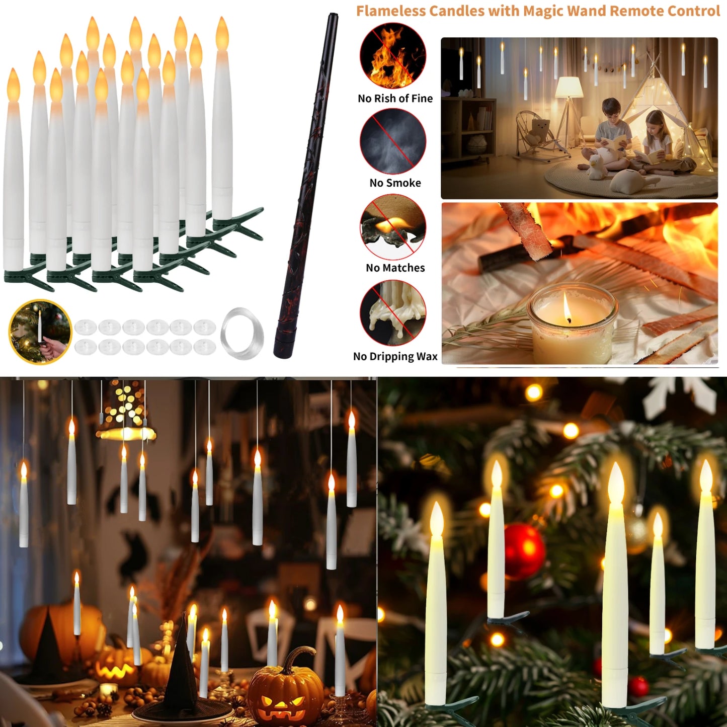 8-12 PCS LED White Tall Round Plastic Magic Wand Remote Control Flickering Floating Flameless Taper Candles