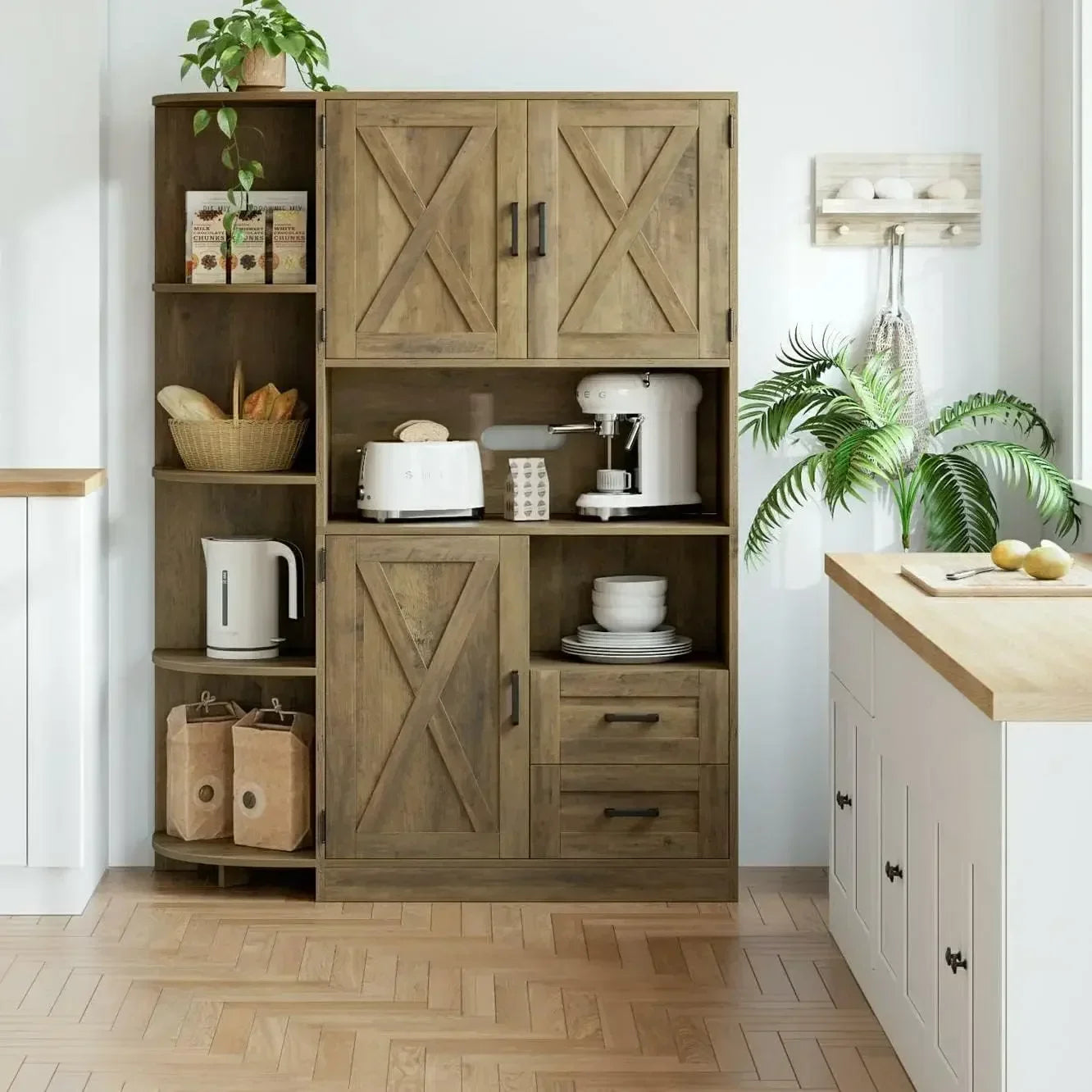 Solid Wood Farmhouse Kitchen Storage Cabinet/4 Tier Adjustable Shelves w/ 3 Doors /Dining Sideboard /2 Easy-Glide Drawers/Colors/White/Gray/Brown/ Holds Up To 350 lbs.