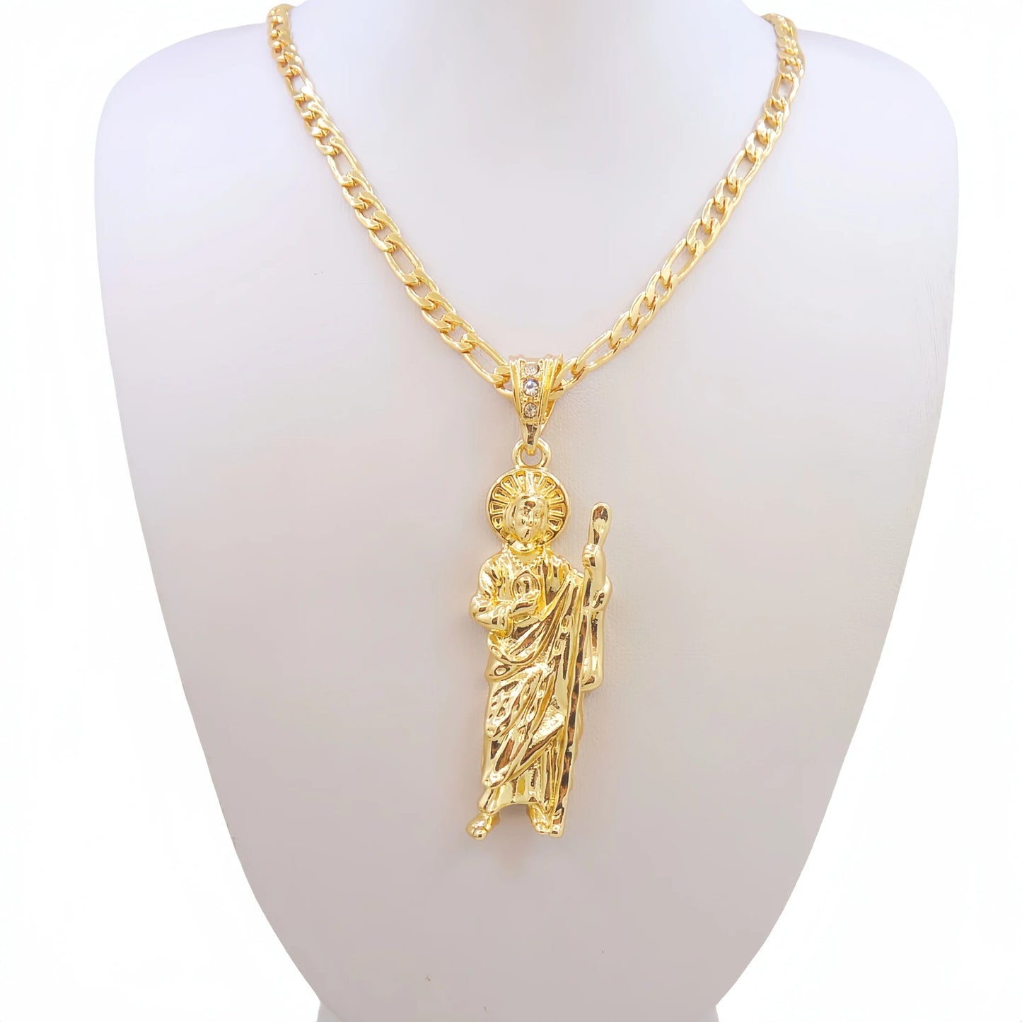 Adults-Teens 14K Gold-Plated Copper Metal Catholicism Religious Style Figaro Chain Saint Jude Pendant Necklaces/Colors-Gold/Green/Pink/White/Multicolor