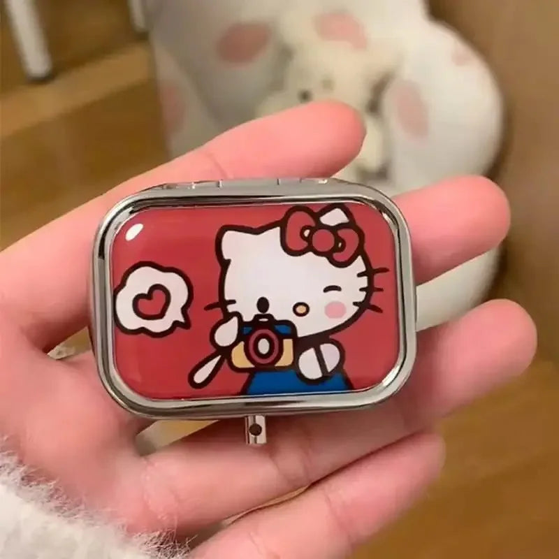 Hello Kitty's Cat Portable Square HD Mirrored Mini Sealed Cute Cartoon Girl Heart 2 Sub-Pockets Jewelry Box
