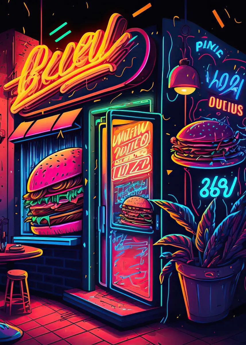 Unframed Modern Cotton Canvas Cartoon Neon Fast Food/Soft Drinks Prints/Colors-White/Blue/Multicolor