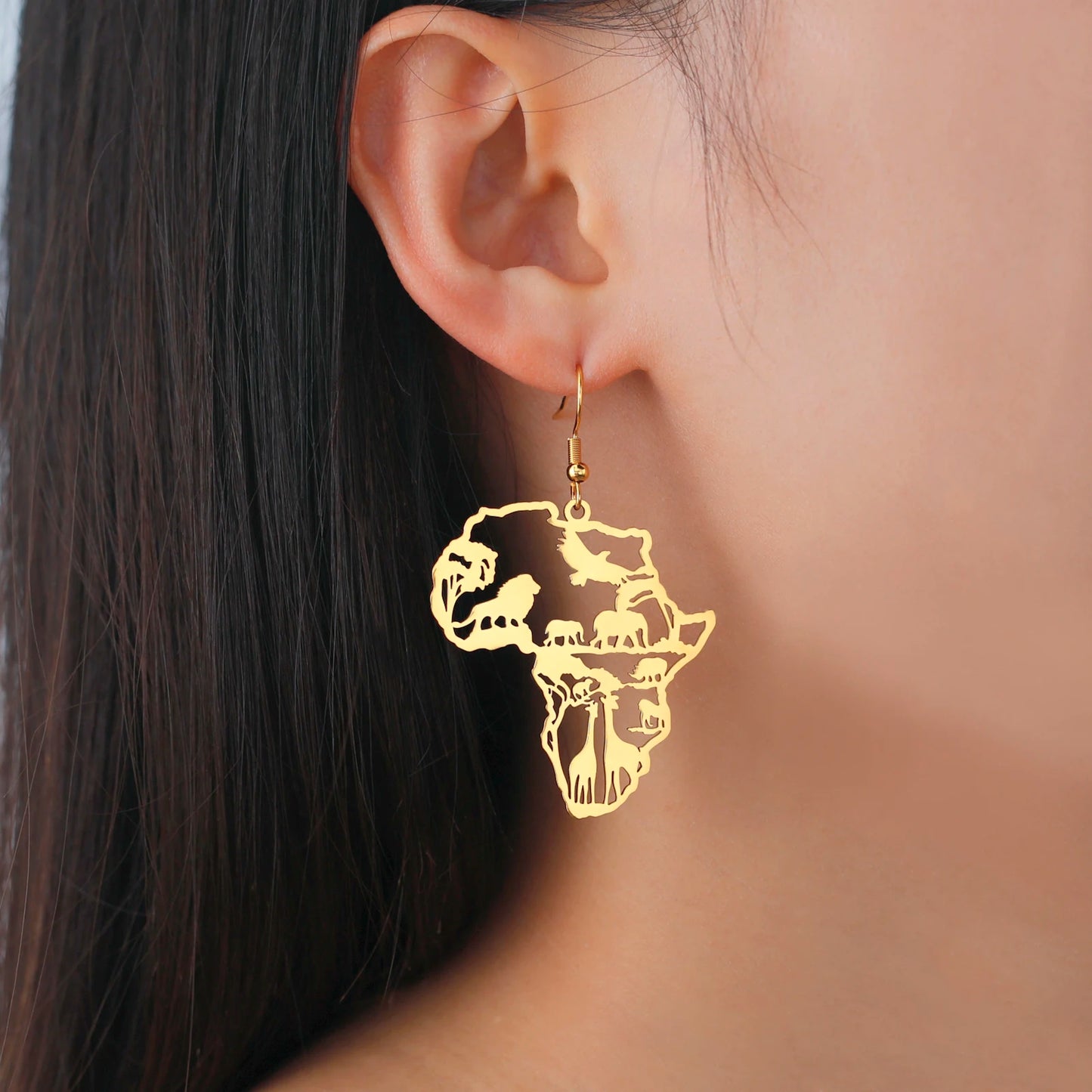 UNIFT Women Stainless Steel Metal Imitation Gold-Plated Africa Safari Animals Map Drop Earrings/Colors-Gold/Multicolor/Animals