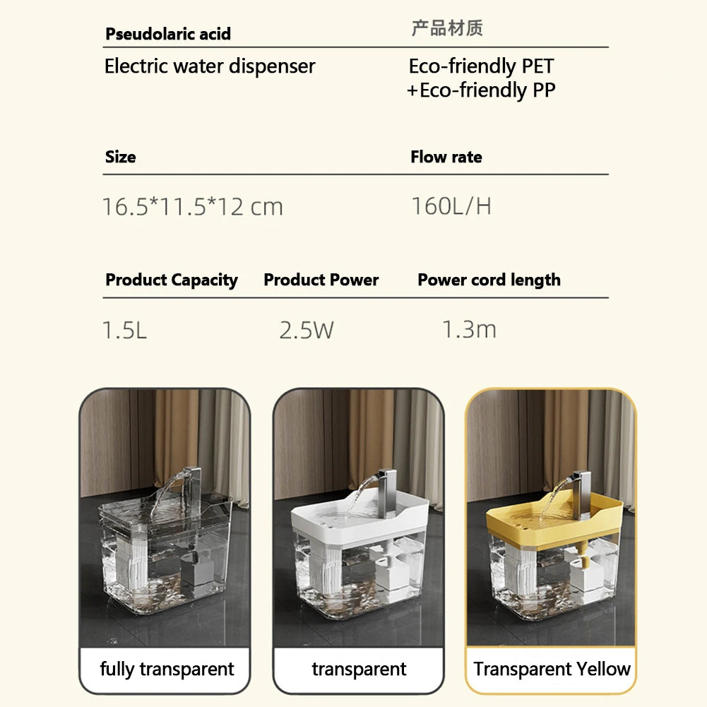 Cats-Dogs Plastic Adjustable Water Flow Cycle Filtration Easy Monitoring Transparent Tank Fountain Water Dispenser /Quiet Pump/Colors-Yellow/Clear/White