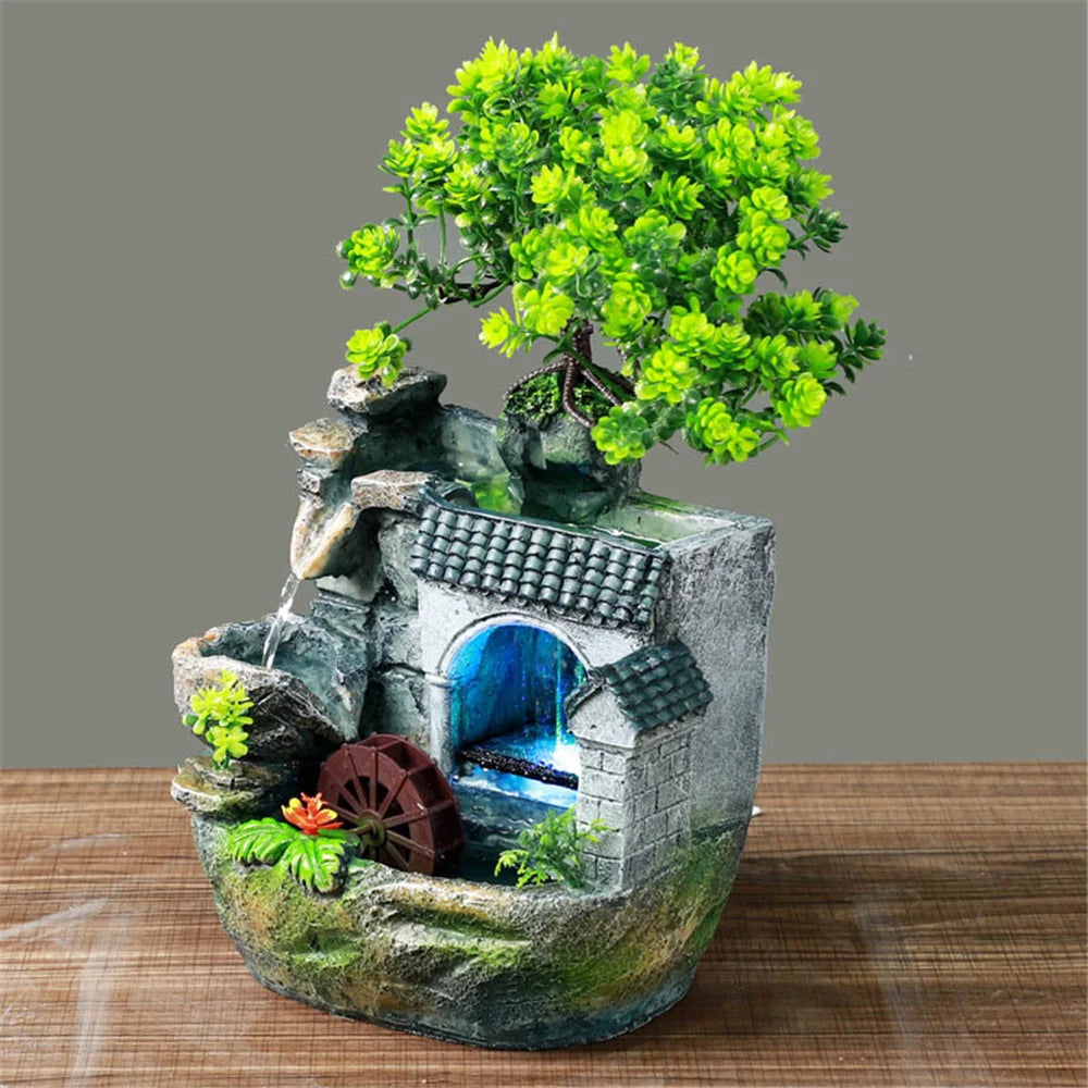 Small LED Lights Resin Feng Shui Green Bonsai Tree Gray Rocky Mountain Landscape House Balcony Waterfall Door Entrance Desktop Fountains